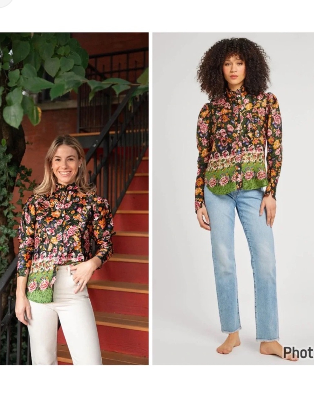 Tuckernuck Green & Black Floral Ruffle-Trim Button Blouse